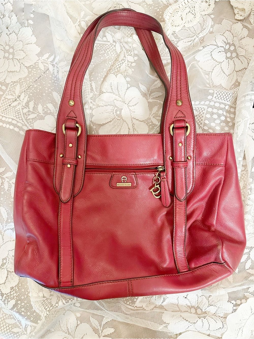 Etienne Aigner Red Leather Shoulder Tote with Gold Hardware